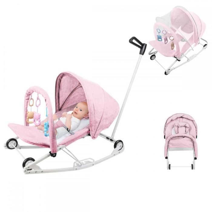 Hamaca para bebé 3 en 1 - MIPAN - Hamaca para bebés de 0 a 30 kg - Con juguetes + mosquitera + silla de paseo y ruedas - Rosa