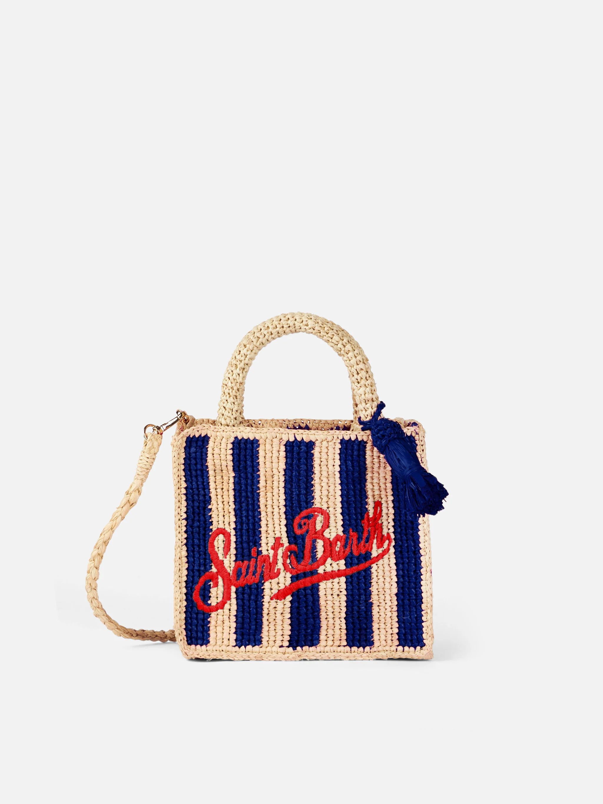 Borsa Mini Vanity Rafia a righe blu con ricamo