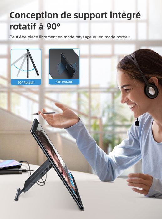 Moniteur portable tactile Full HD 15,6 P 1080 pouces, support rotatif réglable intégré, 100 % sRGB avec interface HDMI, Type C, OTG