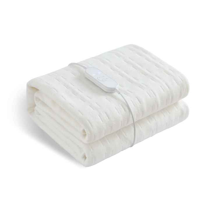 Coperta elettrica riscaldata, 9 impostazioni di temperatura, timer di 9 ore, lavabile, 60W, 150 x 80 cm, velluto corallo, bianca