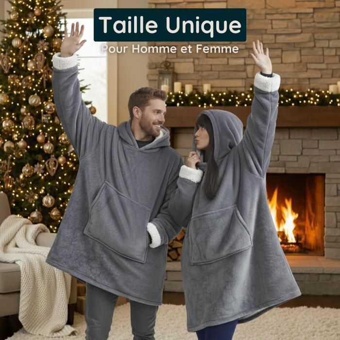 Karierter Pullover mit Ärmeln, Kapuze und Tasche – Einheitsgröße 118 x 85 cm, für Erwachsene (Damen und Herren) – Sherpa-Futter – Grau