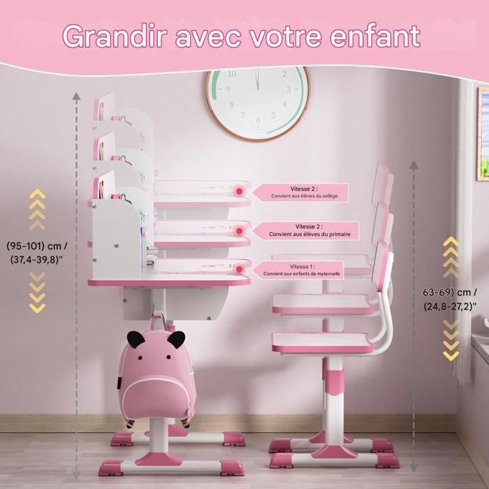 Escritorio infantil con silla, 101 cm de largo x 76 cm de ancho x 49 cm de alto, rosa, PP, edades de 3 a 18 años, altura regulable.