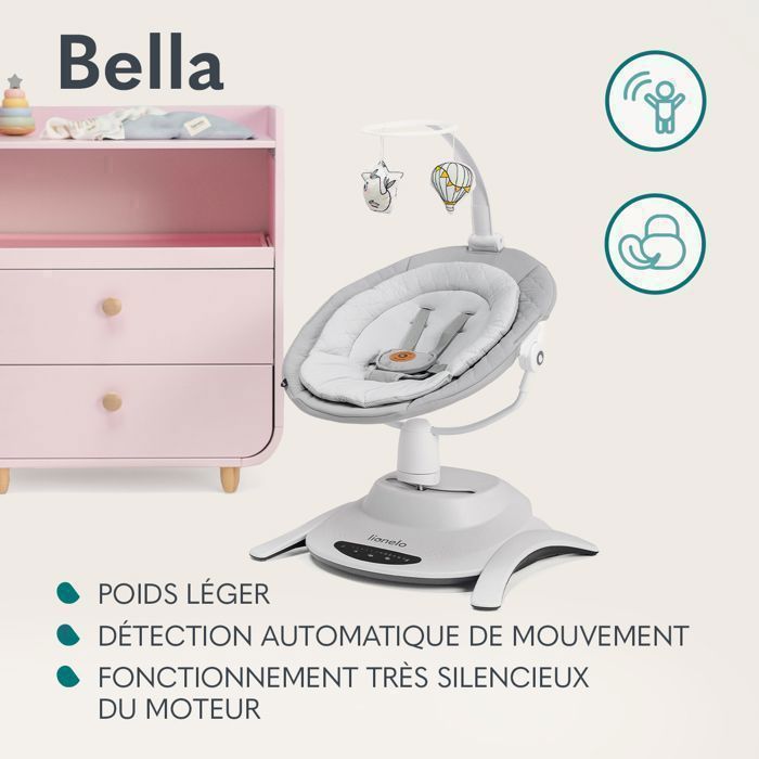 LIONELO Bella 360° Elektrisk Babygynge - Fjernbetjening - Letvægts - 12 Melodier - 6 Gyngetilstande - Legetøjsbjælke
