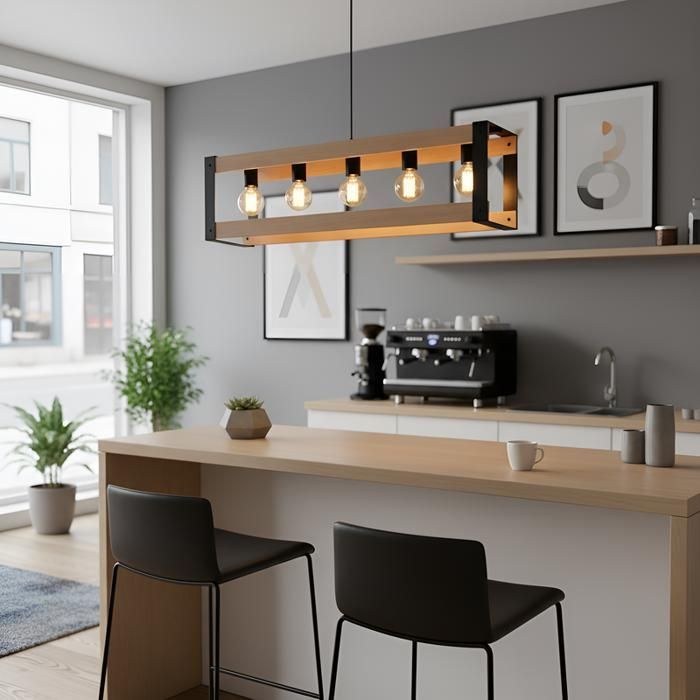Suspension - NETTLIFE - 5 Flammes - Noir - E27 - Bois/Metal - Scandinave Moderne
