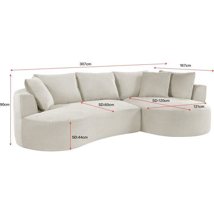 Sofá modular comprimido - 3/4 plazas - ADÈLE - Tela color crema beige - Diseño curvo - 307 x 167 x 90 cm
