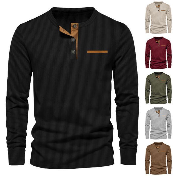 T-shirt casual da uomo a maniche lunghe in velluto a coste, vestibilità slim, scollo Henley, tinta unita, comoda - Taglia UE - Nero
