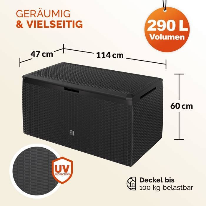CASARIA® Coffre de rangement XXL Aspect Polyrotin Anthracite 290L Roulettes Poignées Malle Terrasse Balcon Coffre de jardin