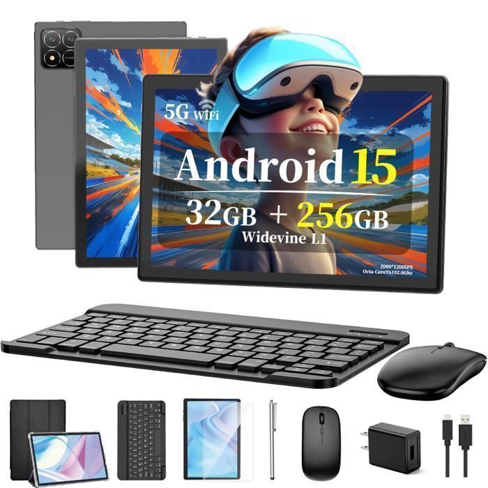 TAKINURU 10,1 tuuman tabletti, Android 15, 32 Gt + 256 Gt, kahdeksanydinsuoritin, 5G Wi-Fi, Type-C-portti, 8000 mAh akku, harmaa