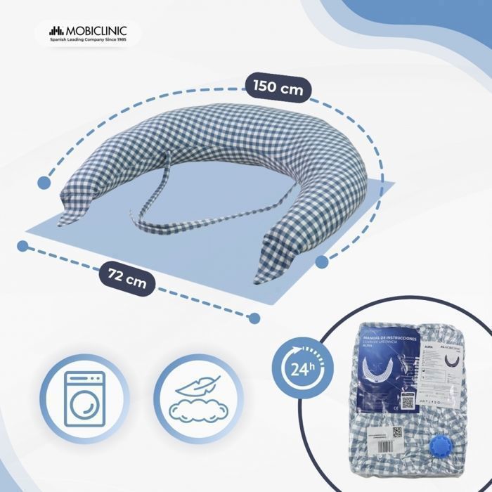 Cuscino per allattamento Mobiclinic XXL 3 in 1: multiposizione, cinghie regolabili, lavabile in lavatrice, stampa a quadretti Aura.
