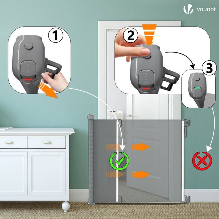 Barrera de seguridad retráctil VOUNOT® de 180 cm, gris - Doble cierre con una sola mano - Para bebés, niños y perros
