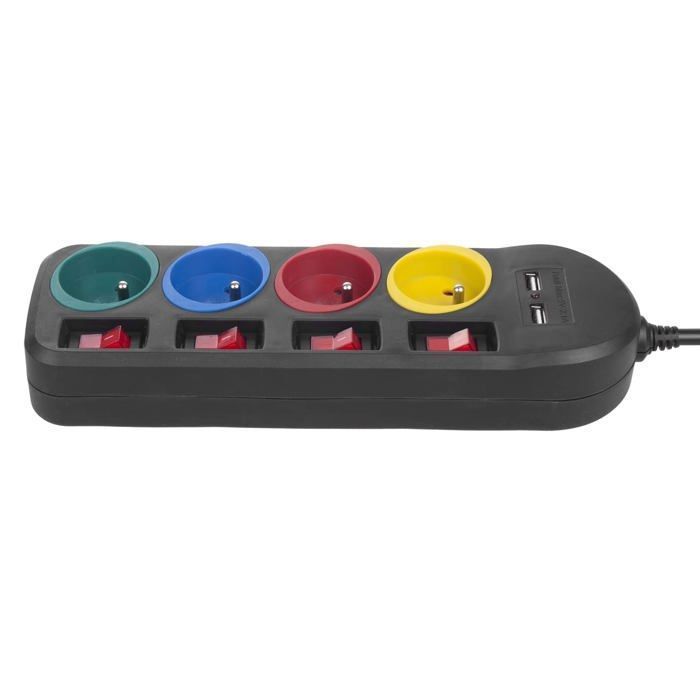 Regleta eléctrica Maclean MCE229 B con 4 tomas de corriente y 2 puertos USB, interruptores individuales y cable de 1,5 m en color negro.