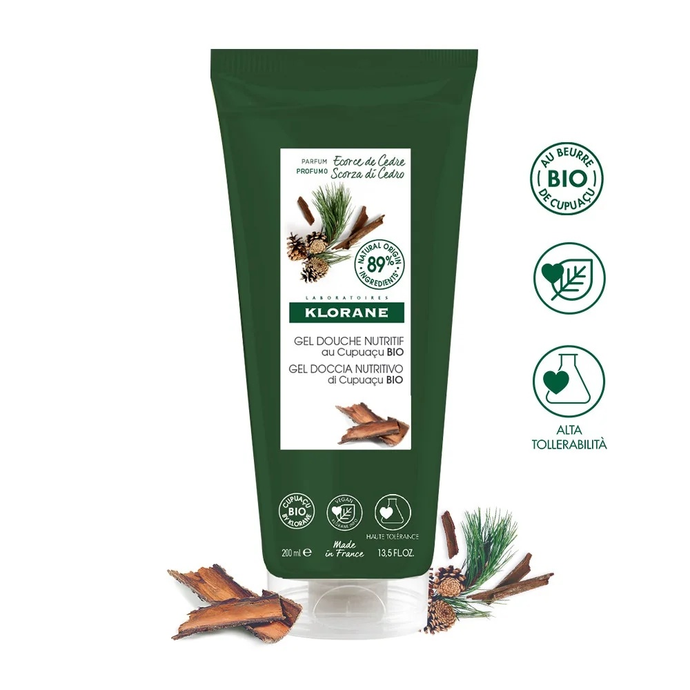 Gel de Banho KLORANE com Casca de Cedro 200 ml Nutritivo e Energizante com Manteiga de Cupuaçu Orgânica