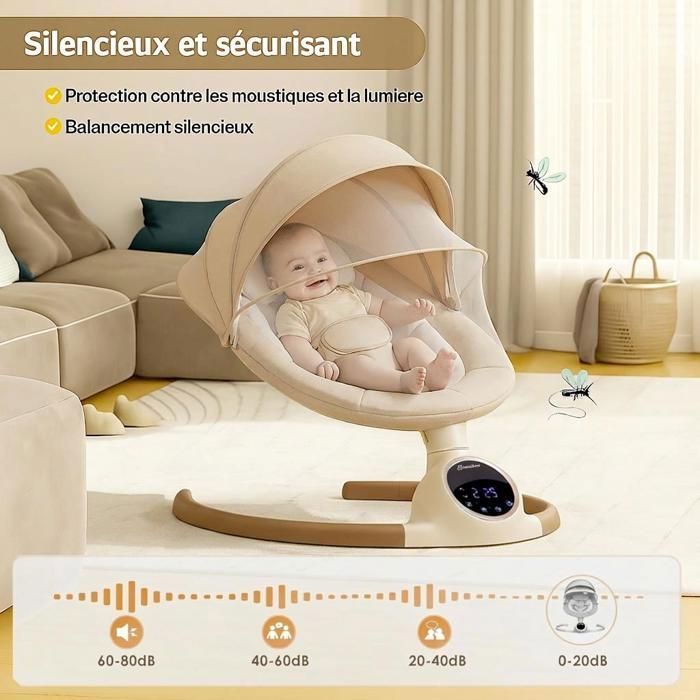 BEBE2LUXE ALPHA: Balancelle bebe/Transat bebe électrique jusqu'a 9kg, bluetooh pour smartphone, harnais de sécurité 5 points