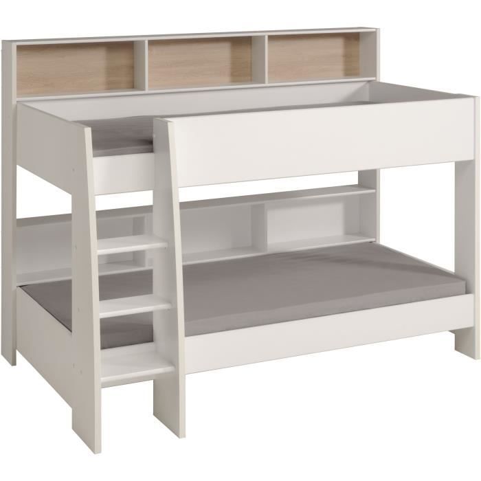 PARISOT Lits superposés enfant 2 x 90x200 cm - Décor Chêne et Blanc Ombre - Sommiers inclus - JIM