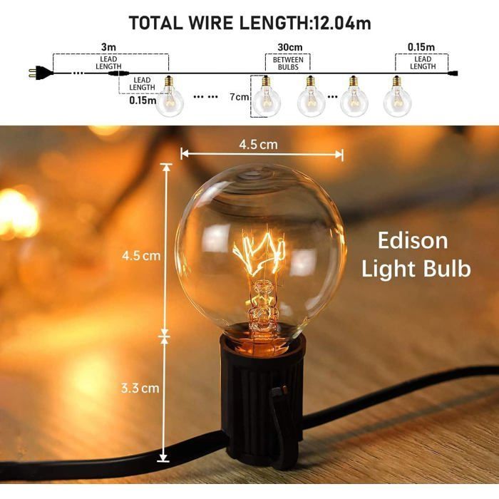 Guirnalda de luces exteriores de 12 m con 30 bombillas, apta para interiores y exteriores, incluye 3 bombillas de repuesto conectables, resistente al agua IP65 - Blanco cálido