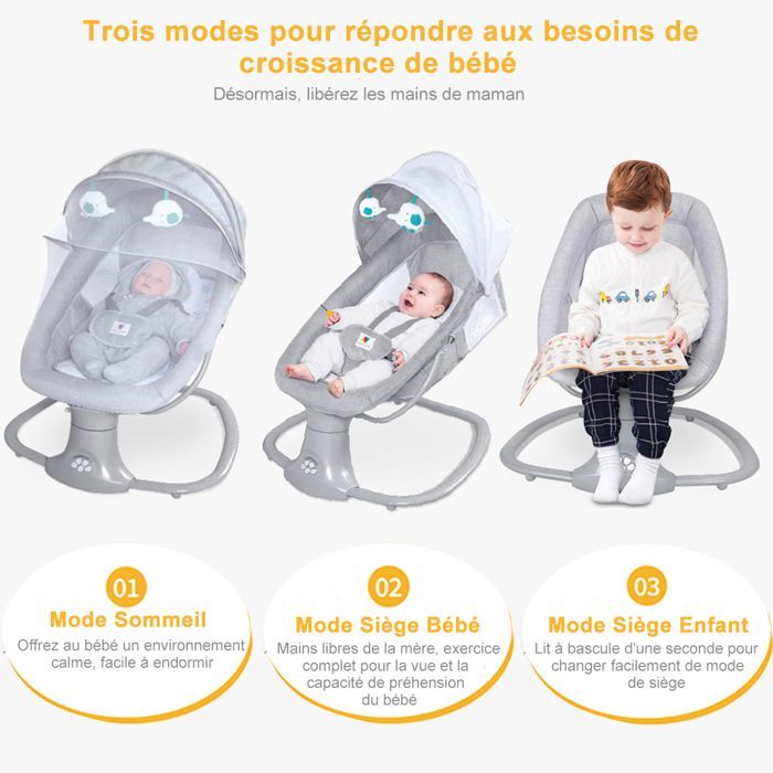 3-in-1 elektrische babyschommel met afstandsbediening - 5 schommelsnelheden - Bluetooth-muziek - Grijs