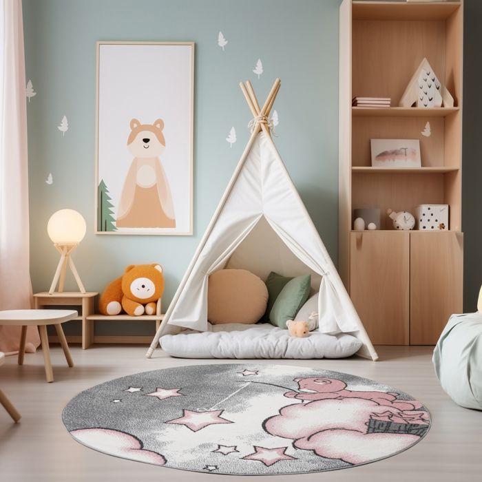 Tapis enfant doux Bear nuage étoiles motif tapis rectangle rond gris rose blanc [160x230 cm]