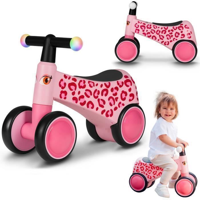LIONELO Sammy Loopfiets - Kinderfiets - Kleurrijke Lichtjes - 4 Wielen - 1-3 jaar (tot 30 kg) - Ergonomisch - Roze