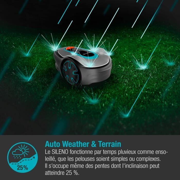 GARDENA SILENO minimo 250 robotic lawnmower – Bluetooth® connection – Max mowing area 250m² – Triple pivoting blades (15201-26)