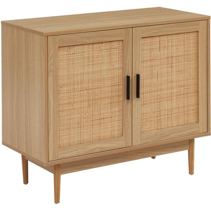 Buffet 2 portes avec cannage naturel - Décor imitation bois - L 90 x P 39,5 x H 75cm - AMANA