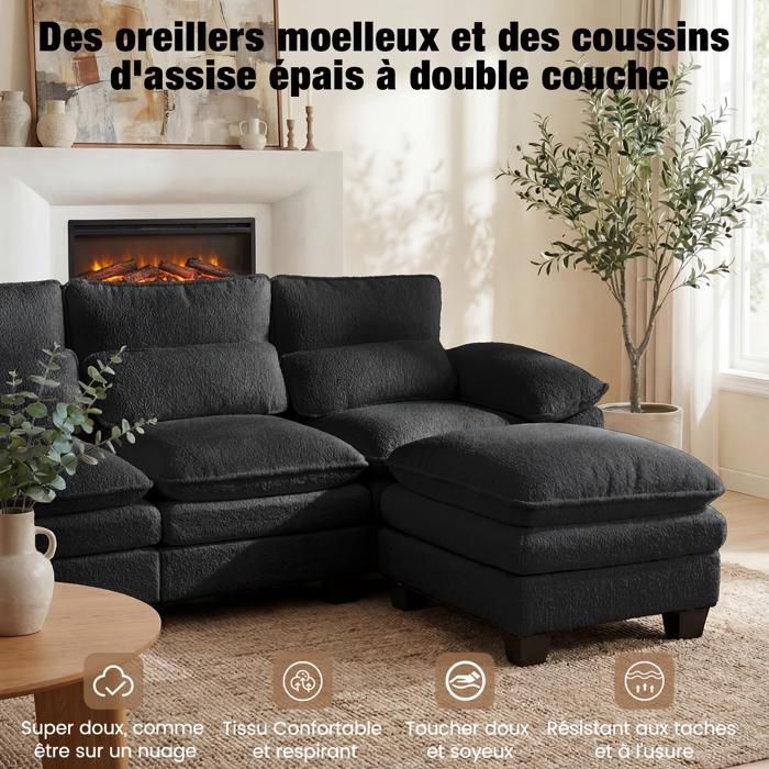 Extra-large modular U-shaped corner sofa, double-layer cloud seat cushion, 2 removable ottomans, black teddy velvet fabric