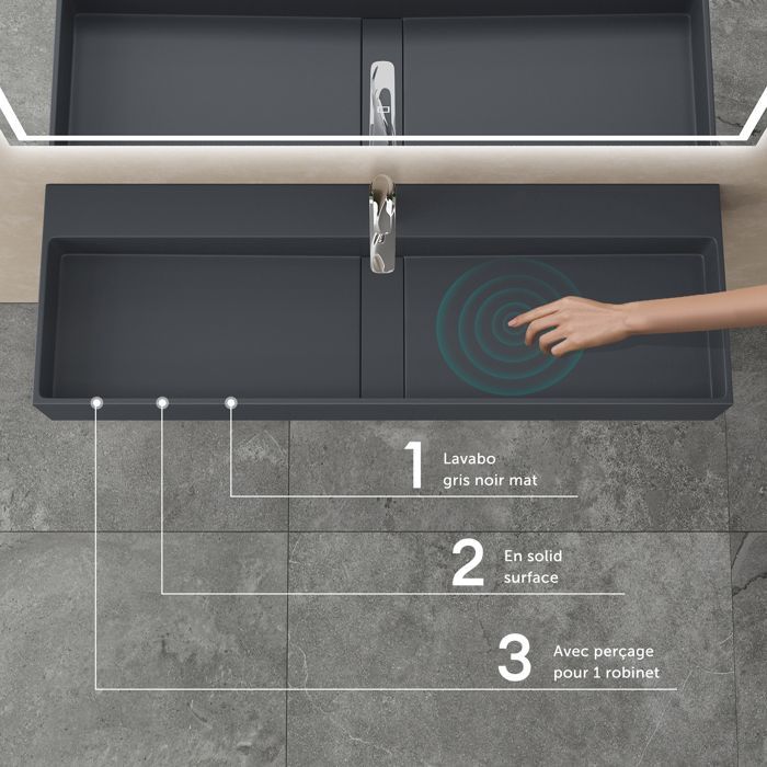 Lavatório de bancada doporro, cinza fosco/preto, pia de banheiro de 100 cm para montagem na parede, lavatório retangular com tampa de drenagem, Colossum6028