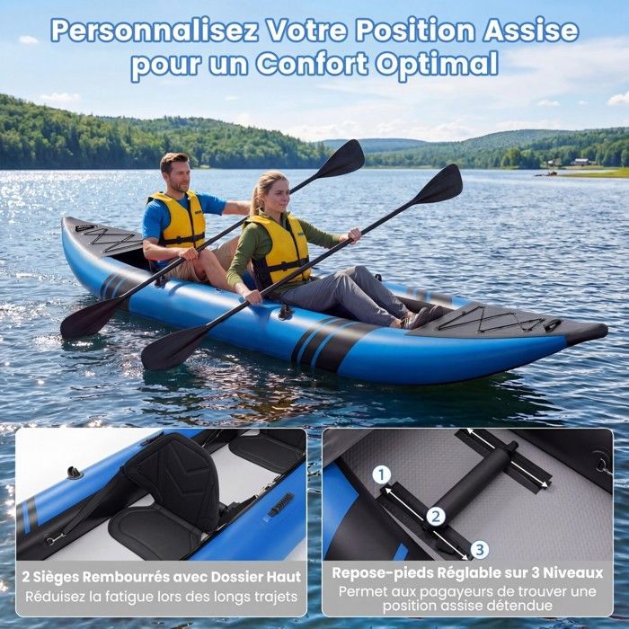 Kayak hinchable COSTWAY para 2 personas, 381x94x40cm - 2 remos de aluminio, 2 aletas desmontables, kit de reparación - Bomba manual - 230 kg - Azul