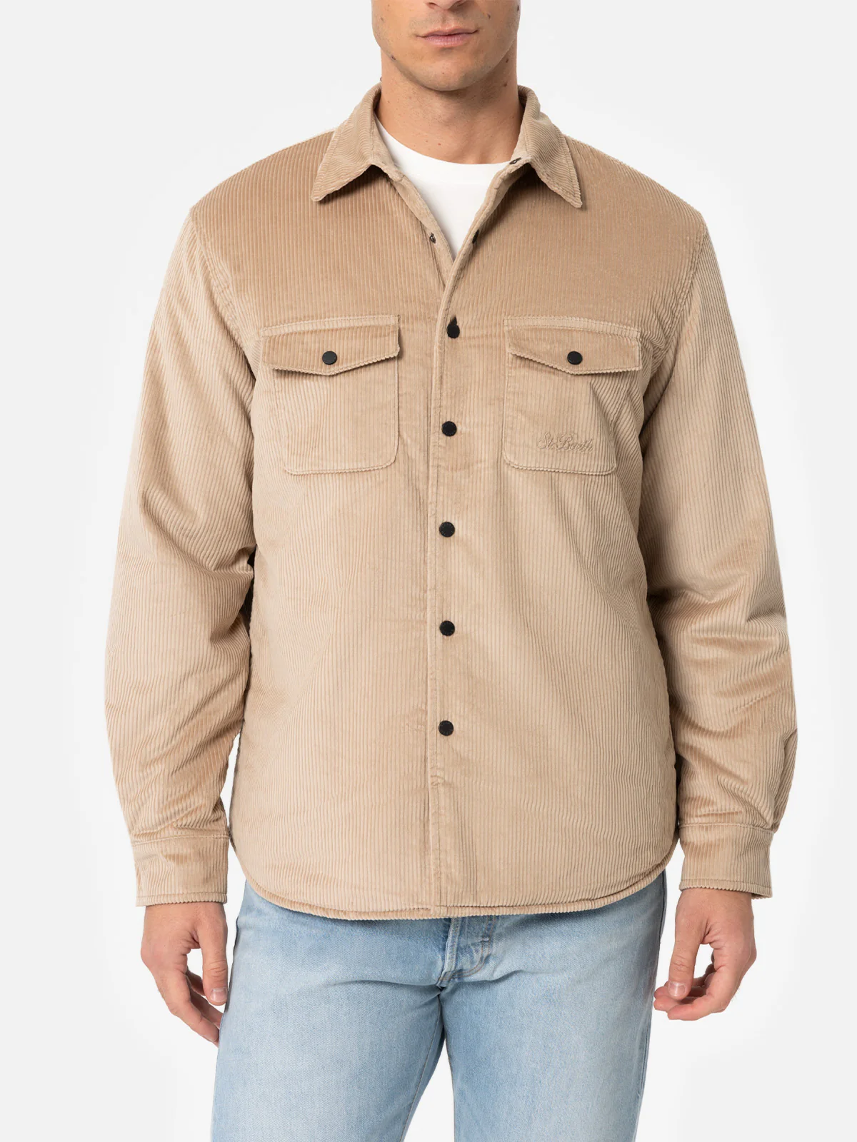 Sobrecamisa de pana beige para hombre con bordado de St. Barth
