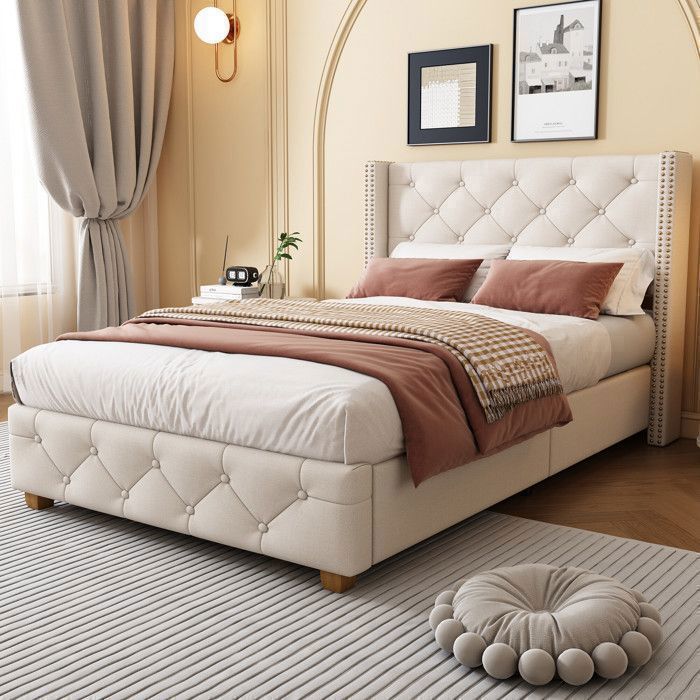 Cama individual tapizada - TKOPY - Cama infantil de 90x200 cm, cama juvenil con somier de láminas, lino beige