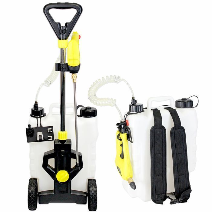 FISHTEC 16L Elektro-Sprühgerät auf Rädern und mit Rückentragefunktion, wiederaufladbarem Akku, 40 cm Lanze, Garten/Dach