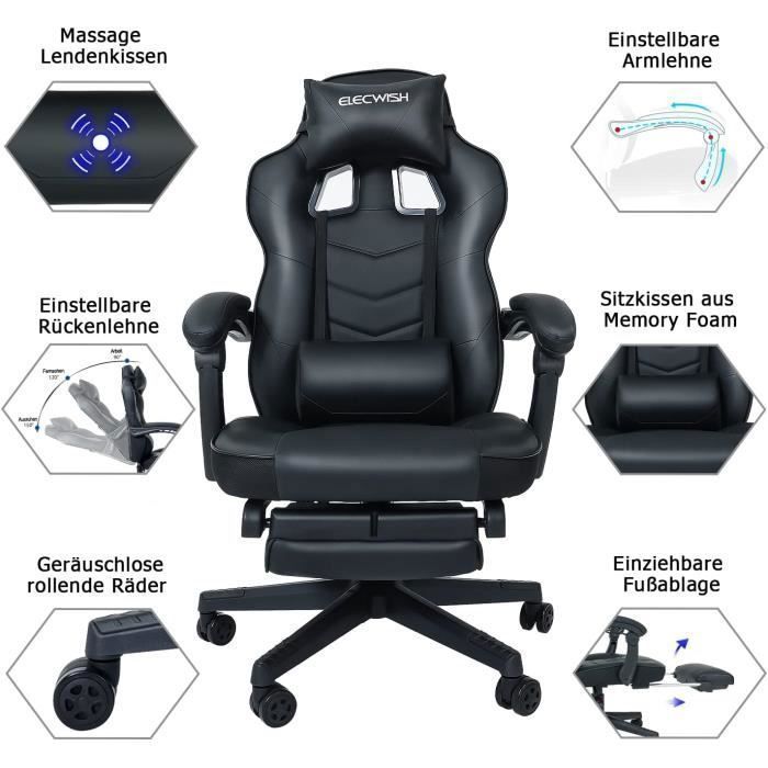Gaming Chair, Ergonomic Massage Gamer Chair, Adjustable Swivel, High Backrest with Footrest and Headrest, Black