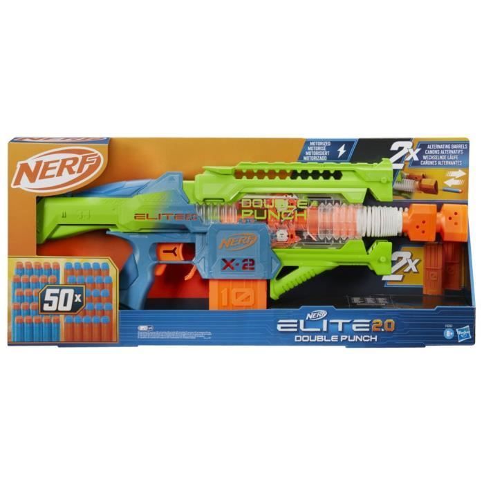 Nerf Elite 2.0 Double Punch Blaster motorisé, canons alternatifs Rapides, 50 fléchettes Nerf Elite, 2 chargeurs 10 fléchettes, dès 8