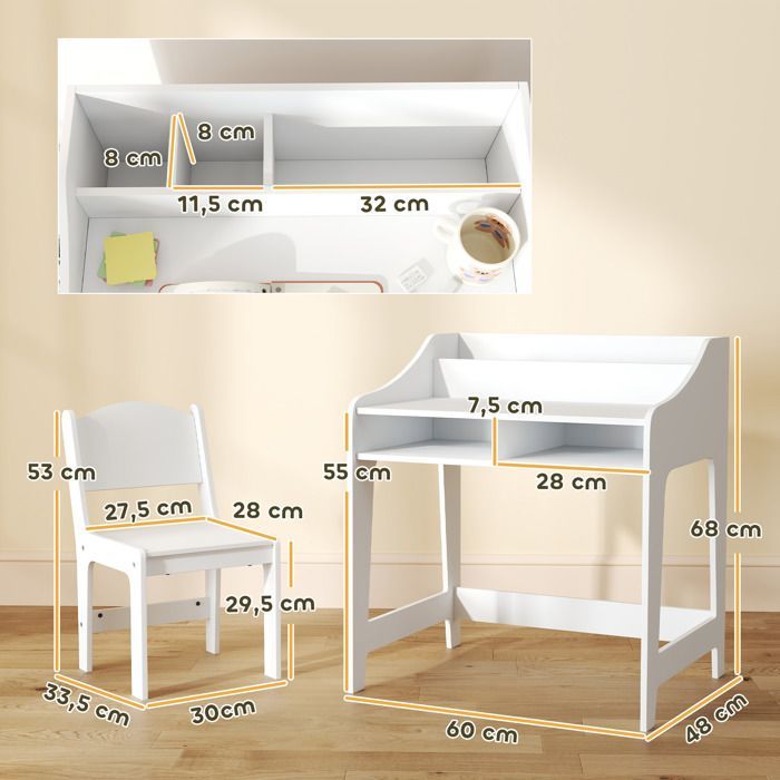 Conjunto de escritorio y silla infantil - AIYAPLAY - De 3 a 8 años - Compartimentos abiertos y estantes - Blanco
