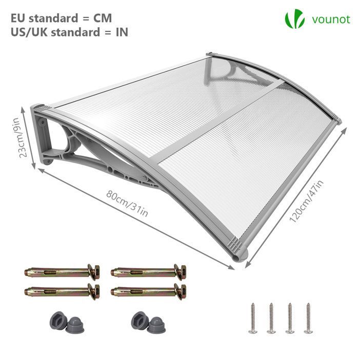 Marquesina para puerta de entrada VOUNOT® de 120x80 cm con soporte central - Policarbonato transparente - Resistente a los rayos UV - Gris