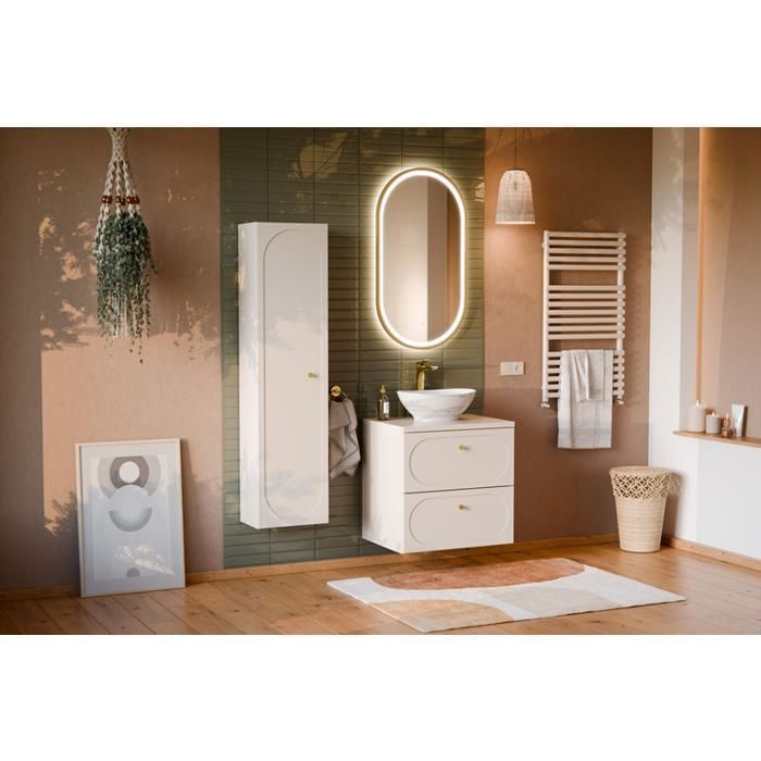 DONNA SAND Wandhängender Waschtisch mit 60 cm Arbeitsplatte und 35 x 140 cm hohem Schrank, beige