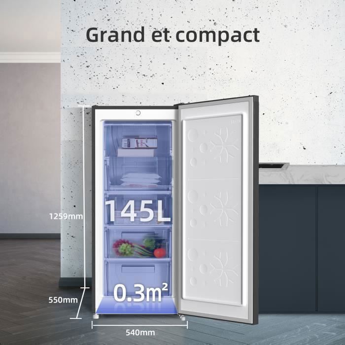 CHiQ FSD160D4E upright freezer with a 145L capacity, adjustable thermostat, silent operation, reversible door, E