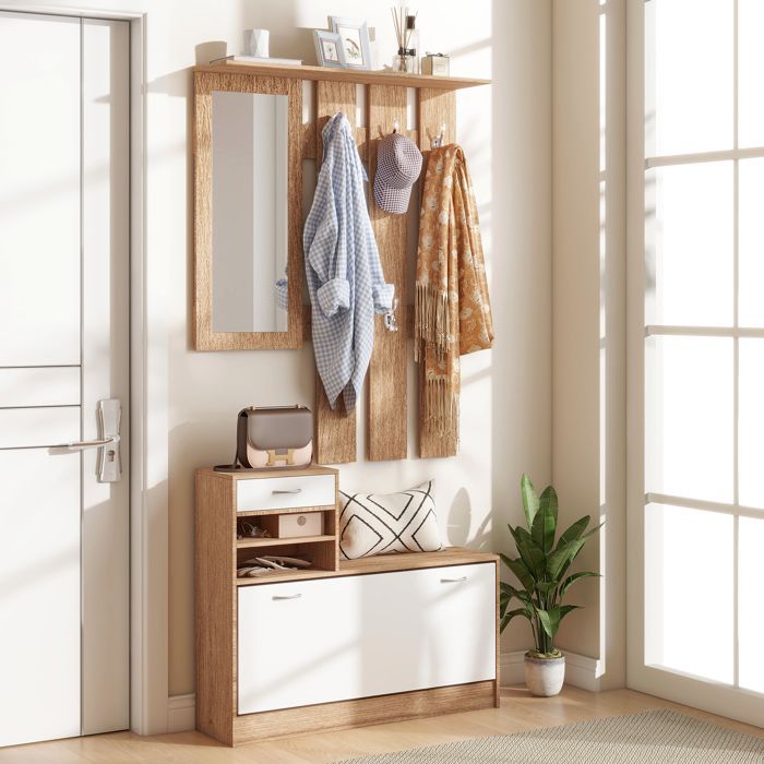 Hallway unit with coat rack panel, mirror and shoe bench - 6 hooks and adjustable shelf