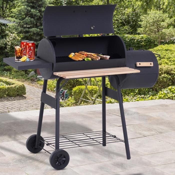 Barbecue à charbon - Outsunny - fumoir BBQ grill smoker sur pied couvercle roulettes thermomètre - acier - noir