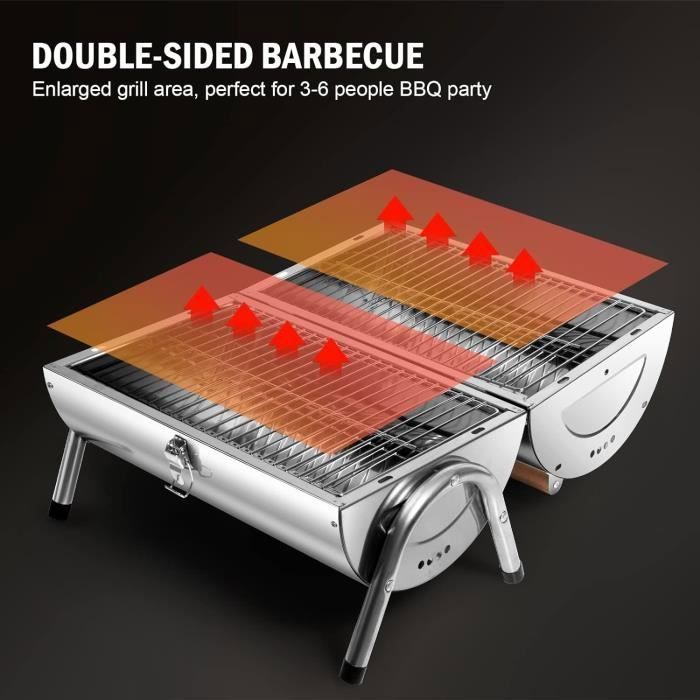 Barbecue portatile 2 in 1 - SunJas - Mini barbecue da tavolo in acciaio inossidabile a carbone per giardino, balcone, viaggi, campeggio - Argento