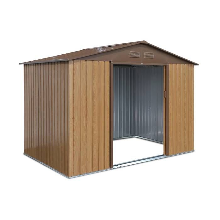 Caseta de jardín metálica FERRAIN de 5,29 m² color roble - Caseta para herramientas con dos grandes puertas correderas. Kit de fijación.