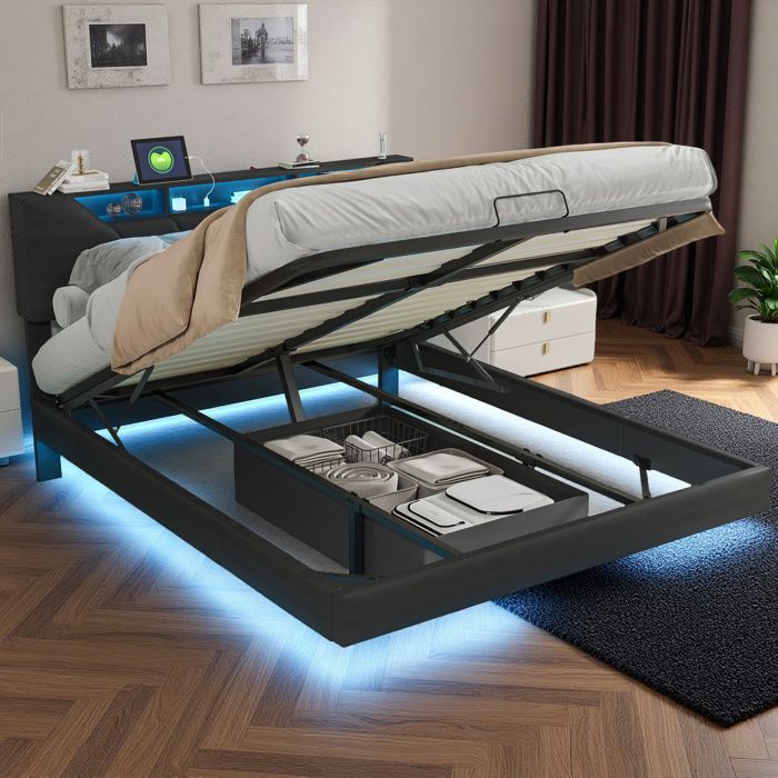 Lit 140x190 cm - COZY - tissu en PU - LED ET USB - sommier - cadre de lit double 140x190 cm - noir