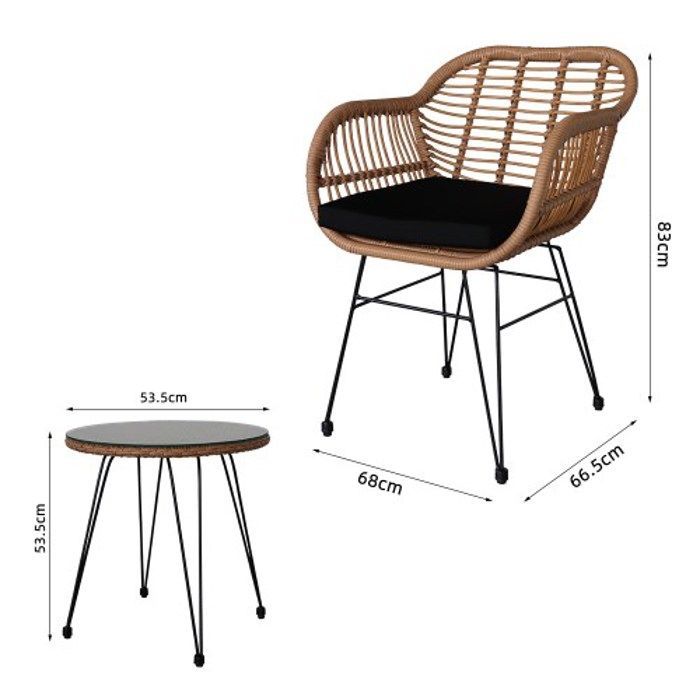 Set di mobili da giardino, 2 sedie + 1 tavolo, con cuscini, in rattan intrecciato