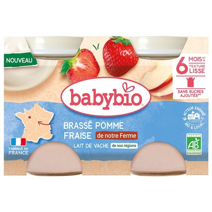 Babybio Brassé Fraise Pomme Lait de Vache 6 Mois et + Bio 2 Pots de 130 g