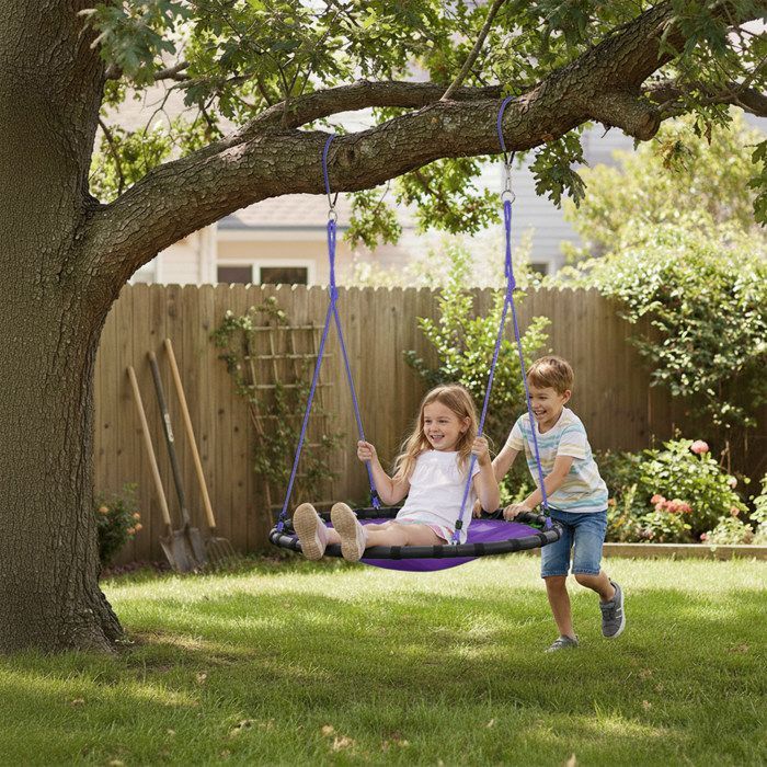 Relaxdays Balançoire nid d'oiseau rond 80 cm à suspendre panier enfant adulte jardin extérieur 100 kg, violet