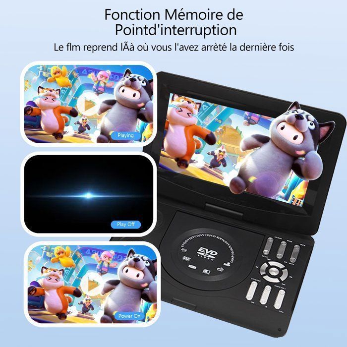 Reproductor de DVD portátil de 10,1 pulgadas, reproductor móvil HD EVD, memoria de reproducción, altavoces estéreo, compatible con discos/tarjetas SD/USB.