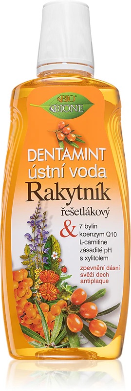 „Bione Cosmetics Rakytník“ burnos skalavimo skystis, mažinantis apnašas ir palaikantis sveikas dantenas