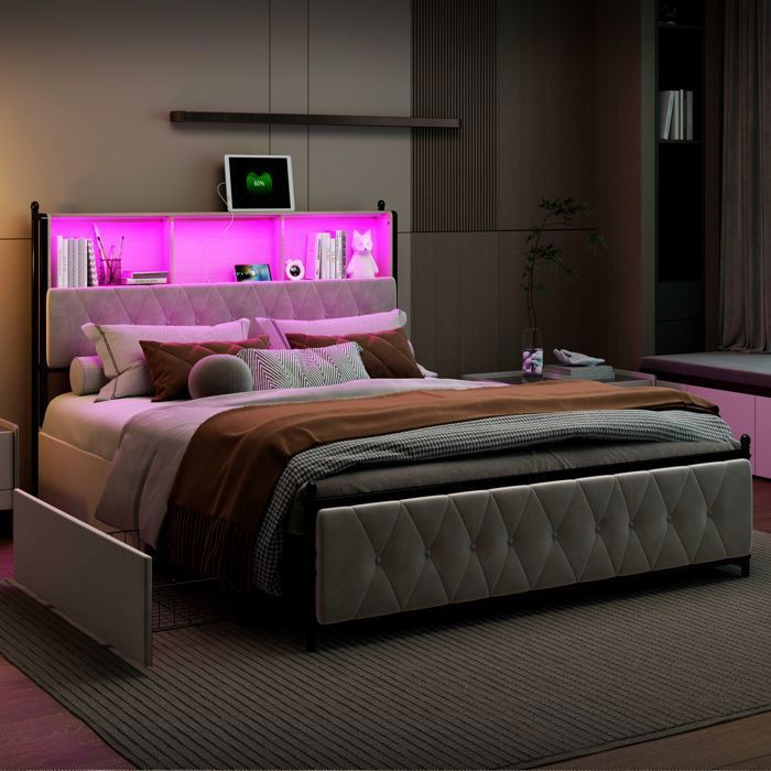 Tweepersoonsbed 180x200cm met ledverlichting en 4 lades, opbergvakken in het hoofdeinde, USB/Type-C-oplaadmogelijkheid, beige fluweel