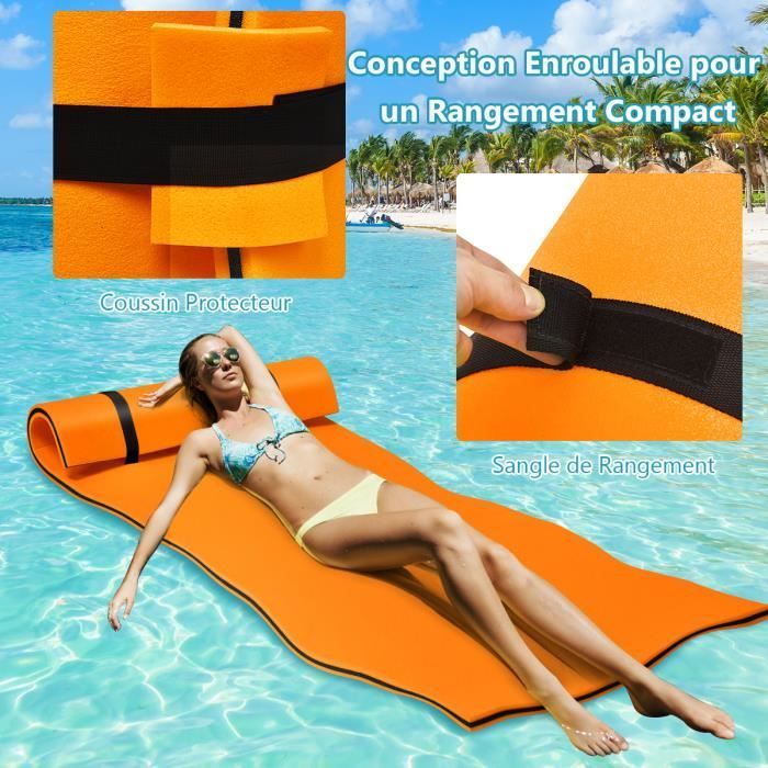 Colchoneta flotante de espuma de 3 capas GOPLUS, colchoneta flotante con almohada enrollable y cordón elástico, para