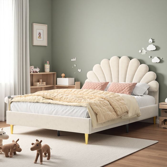Lit 140x190 cm - COZY - Tête de lit en pétale - Velours beige - Lit enfant - 2 places