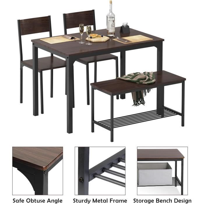 NEED Juego de comedor para 4 personas, 110 cm, 2 sillas con respaldo, banco para 2 personas con estante de almacenamiento,